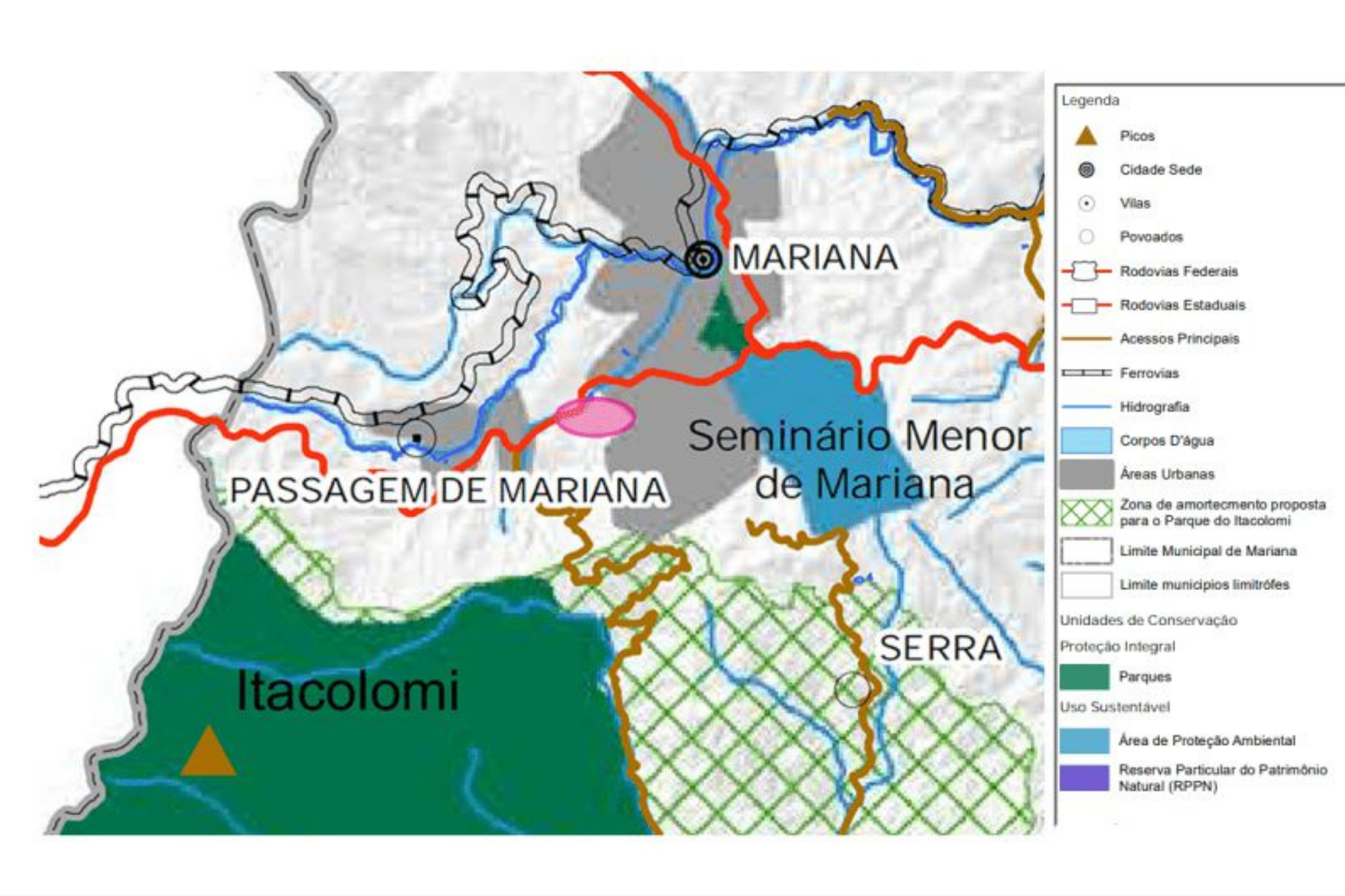 O mapa mostra a região de captação de água da cidade de Mariana, e a região da reserva do Parque Estadual do Itacolomi