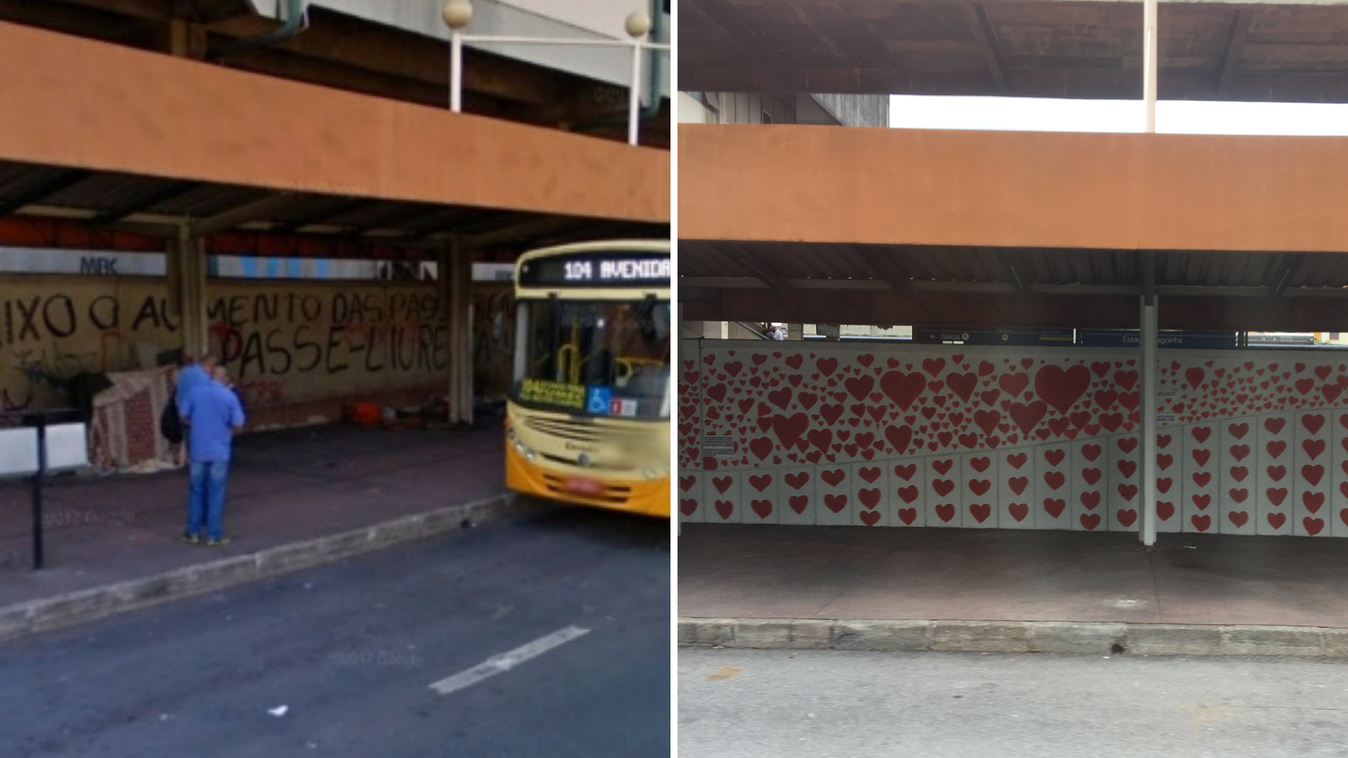 Estação de Metrô da Lagoinha antes e depois do desaparecimento das pessoas em situação de rua. Foto 1 pela Prefeitura de Belo Horizonte. Foto 2 por  Isadora Ribeiro